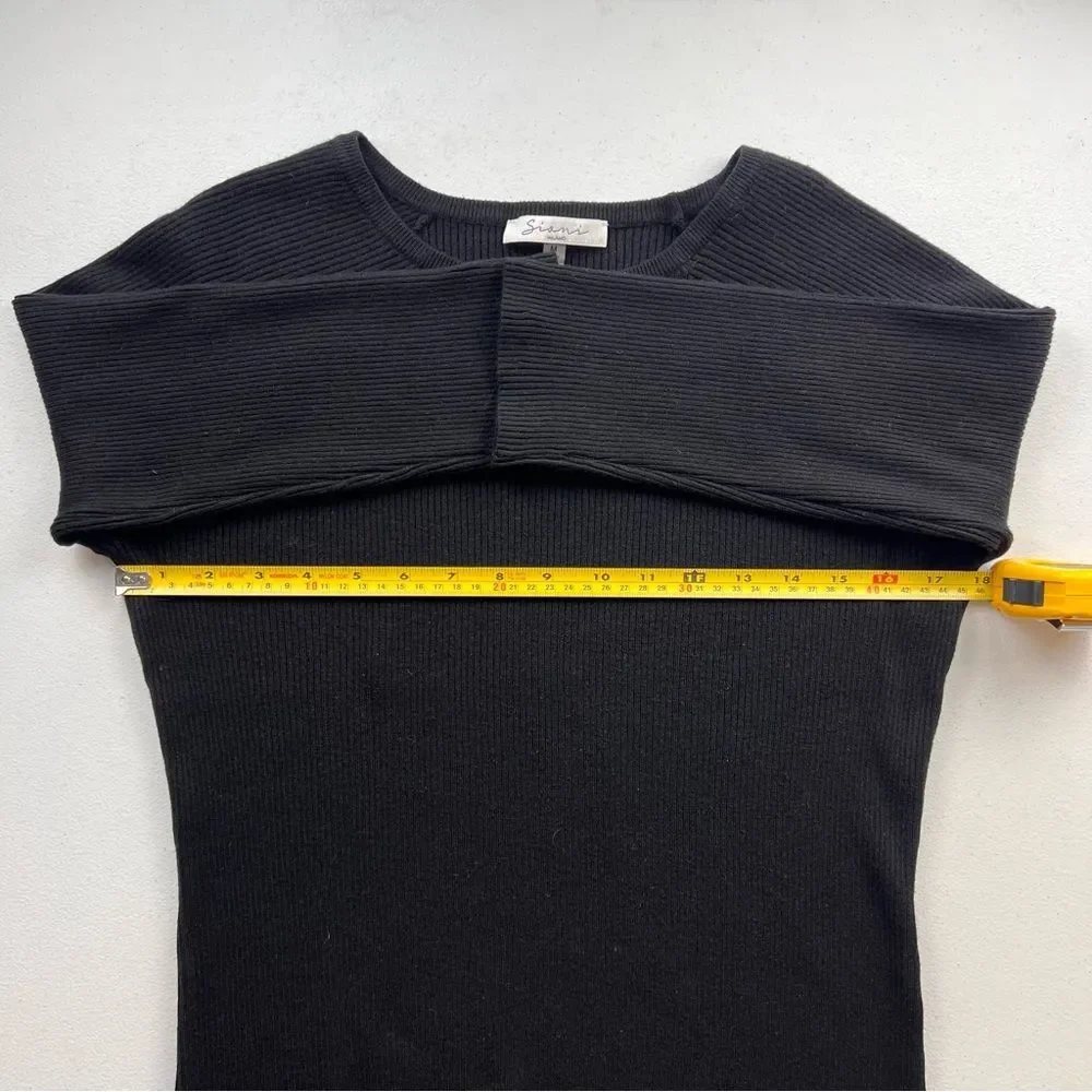 Sioni Milano Black Ribbed‎ Knit Sweater Women Size M Raglan Sleeve Crew Neck Top